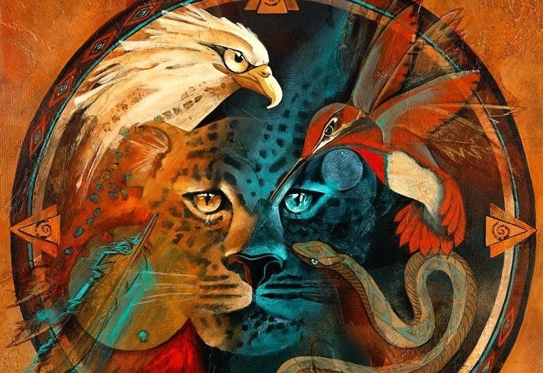 Man sieht eine Darstellung der vier Archetypen bzw. vier Tiere, die zentral in der Ausbildung zum Shamanic Pracititioner sind: Die Schlange, den Jaguar, den Kolibri und den Adler.