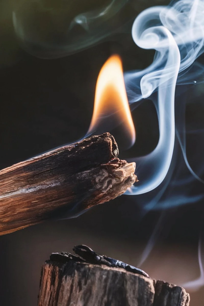 Man sieht in Nahaufnahme einen brennenden Palo Santo-Stick, von dem starker Rauch aufsteigt - Räuchern im Schamanismus.