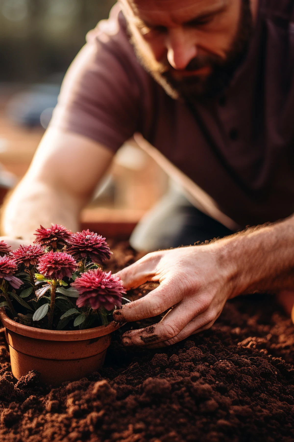 Man sieht in Nahaufnahme einen Mann, der eine Blume in die Erde einpflanzt - Sicherheit und Beitrag leisten als zwei unserer Grundbedürfnisse.