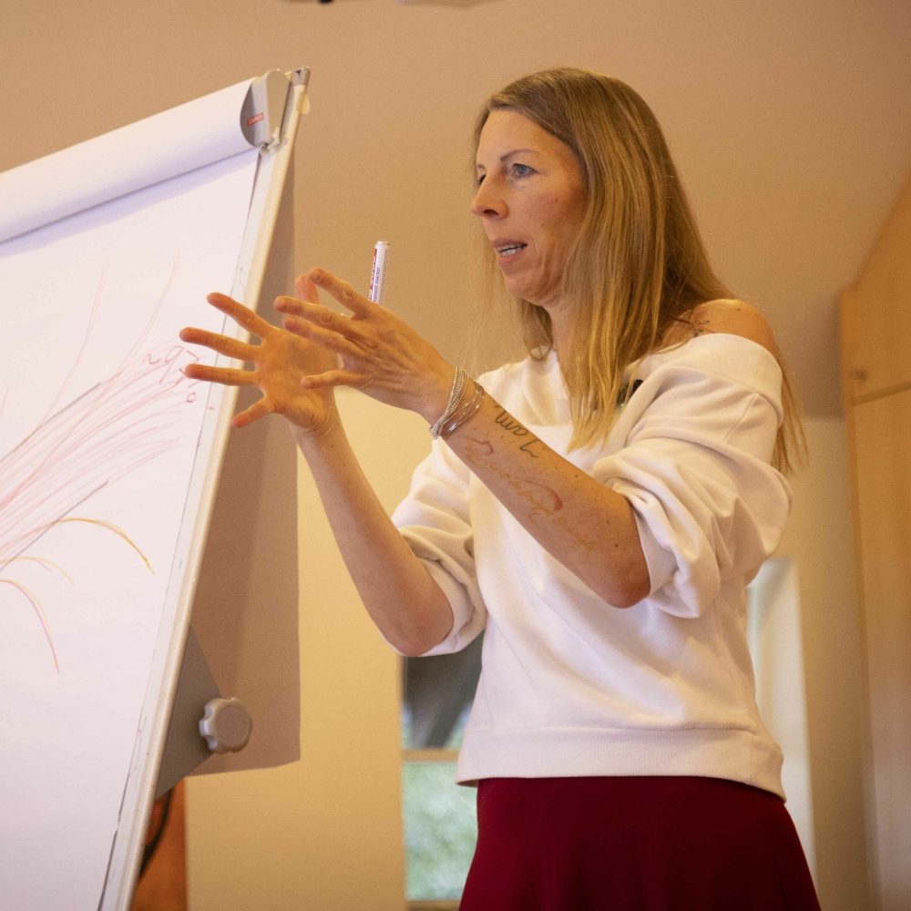 Man sieht im Rahmen der Ausbildung zum Shamanic Practitioner eine Frau mit blonden langen Haaren in ihren Vierzigern neben einem Flipchart stehen, die mit einem Edding in der Hand gestikulierend etwas erklärt.