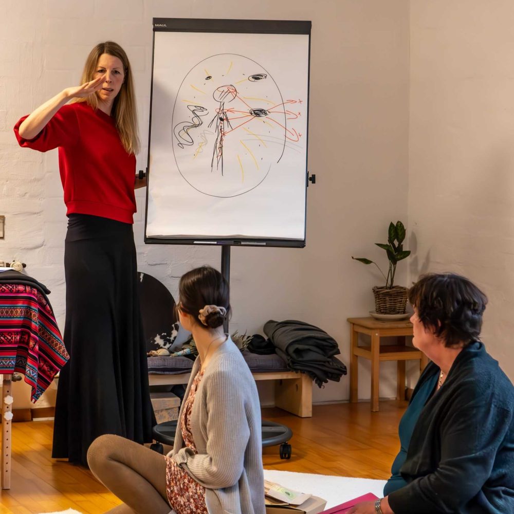 Man sieht im Rahmen der Ausbildung für schamanische Behandler eine Frau in ihren Vierzigern gestikulierend und sprechend an einem mit einer Skizze bemalten Flipchart, im Vordergrund sieht man aus dem Profil zwei Frauen, die ihr zugewandt sind.