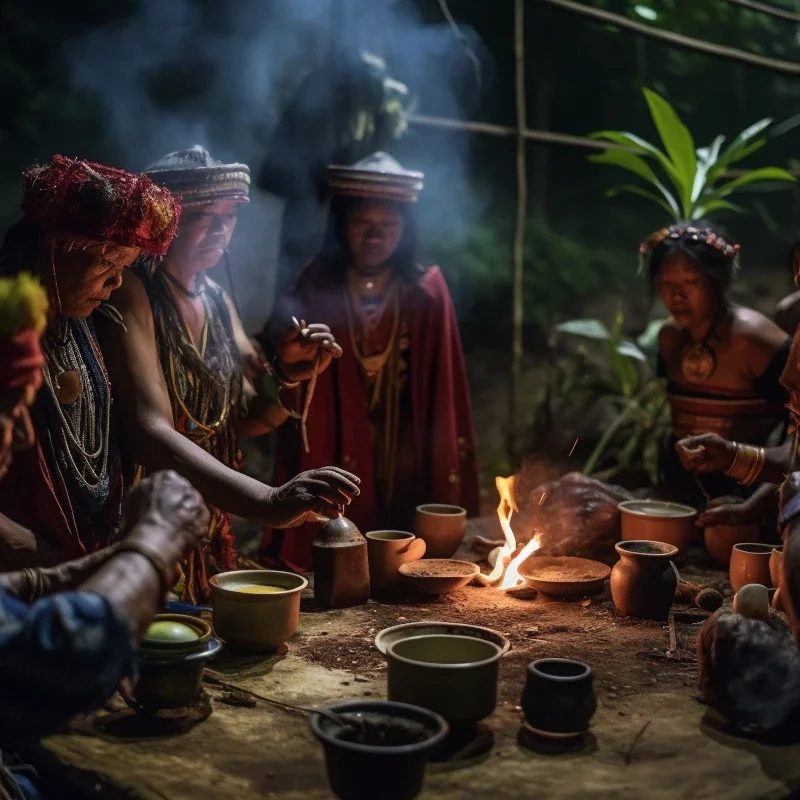 Man sieht einen Schamanen oder Schamanin (ist nicht eindeutig erkennbar) mit einer Gruppe von Menschen in traditioneller Kleidung und mit Hüten und Kopfschmuck, im Hintergrund der Dschungel, die um einen Tisch mit Gefäßen und einem kleinen Feuer stehen und etwas zubereiten bzw. auf die Zubereitung warten.