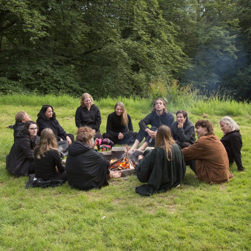 Man sieht im Rahmen des schamanischen Transformations-Retreats eine Gruppe von 12 Personene, Männer und Frauen verschiedenen Alters, auf einer Wiese und umgeben von Bäumen im angeregten Gespräch um eine Feuerstelle mit noch brennendem Feuer sitzen.